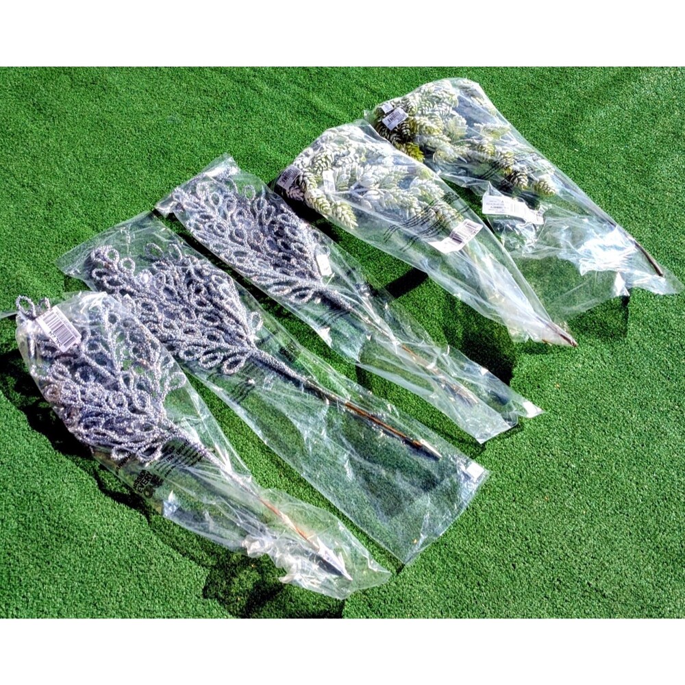 Macy Christmas 24"Silver Glitter Spray Branches+Flocked 30"Green Pine Cone Decor